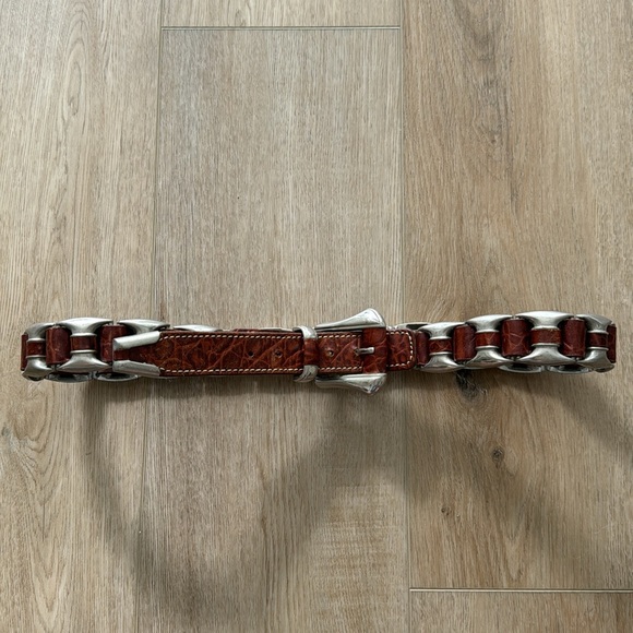 Vintage Genuine Leather Brown Unique Silvertone Embellished Woven Heavy Belt - Picture 10 of 17